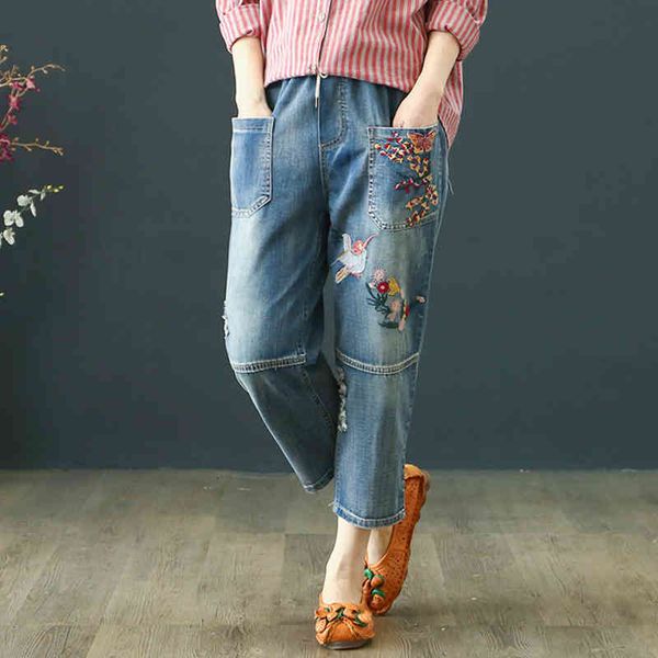

women's jeans summer floral embroidery women pants casual high waist femme light blue denim loose harem plus size 3xl 9593