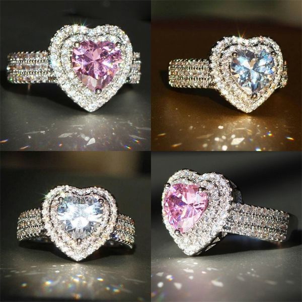 

2020 new womens wedding rings fashion silver/pink heart gemstone engagement rings jewelry simulated diamond ring for wedding 132 r2, Slivery;golden
