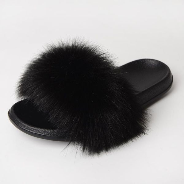 

fluffy faux fur slippers furry raccoon family fuzzy woman casual plush shoes, Black
