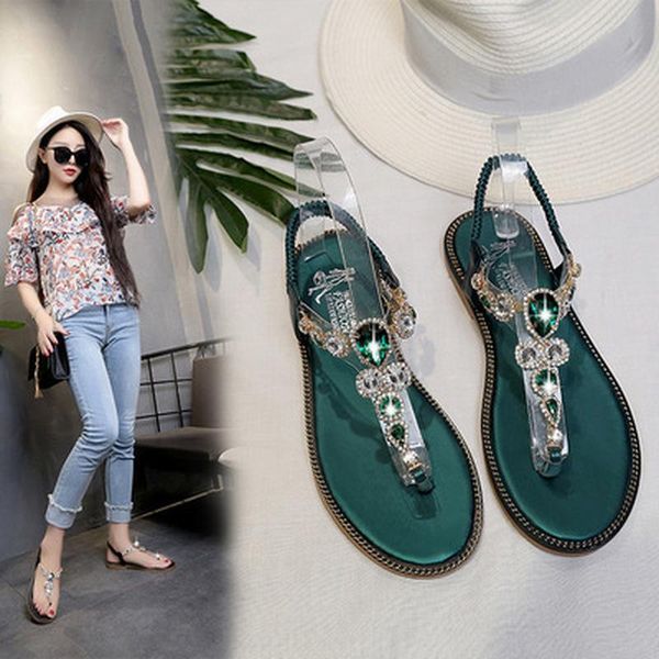 

dress shoes 2021 summer beach pearl flat heel women ladies sandals toe ring bohemia with rhinestone shoe outdoor holiday, Black