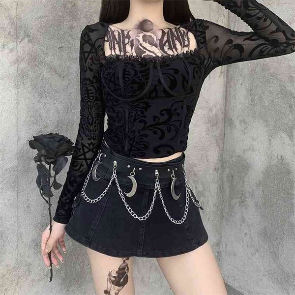 

insgoth harajuku vintage black gothic mesh see through long sleeve women bra build hollow out autumn basic, White