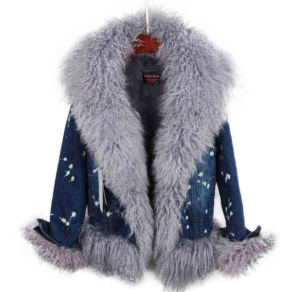 Lã natural alinhada com luxuoso gola de pele de lã denim casaco casual casual casaco de pele curta 211130