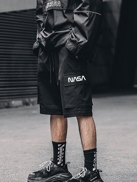 

men letter graphic drawstring waist flap pocket side shorts g9dl#, Black