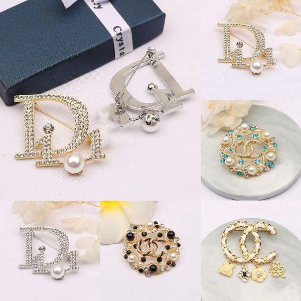

10colors famous brand designer fashion double letter gold silver multicolor pearl pins brooches women rhinestone brooch suit pin fashion jew, Gray