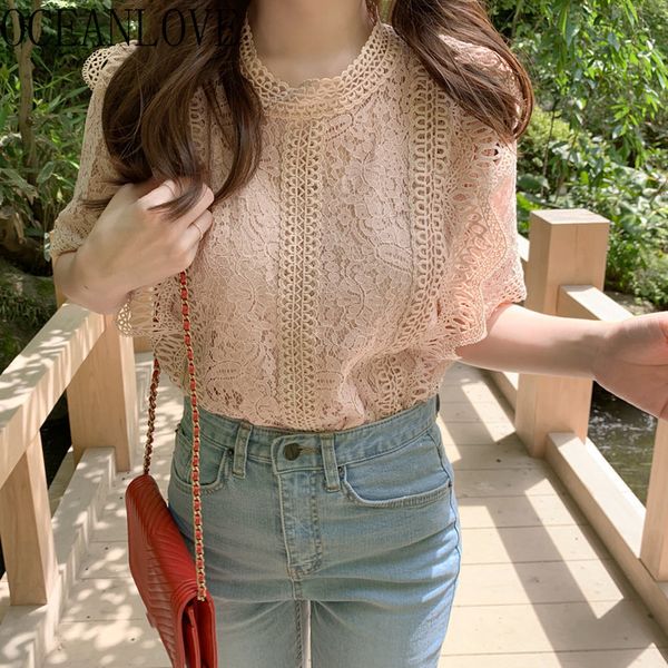 

lace elegant women and blouses hollow out ol summer blusas mujer chic korean shirts short sleeve 15846 210415, White