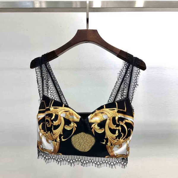 

women's t-shirt t shirt runway design high-end gold flora print vintage tees t-shirt fashion lace straps patchwork ladies crop ts 3rpp, White