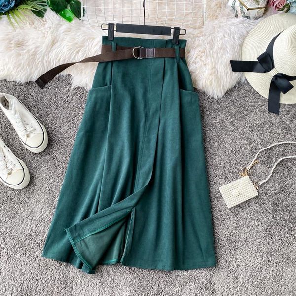 

skirts womens korean fashion solid color big swing ladies skirt long 2021 spring summer wild high waist belt slim, Black