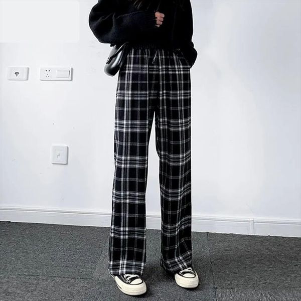

plaid bottom harajuku trousers women pant high waist summer wide leg, Black;white