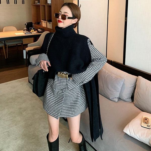 

women temperament plaid ladies black blazer coat belt long sleeve loose women's suit jacket fashion klid suits & blazers, White;black