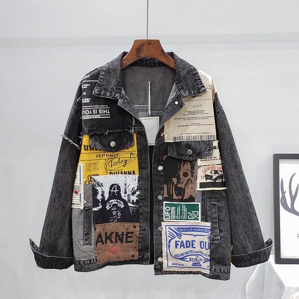 

women's jackets autumn fashion patch designs denim jacket women loose letter print irregular long sleeve jeans coat streetwear female, Black;brown