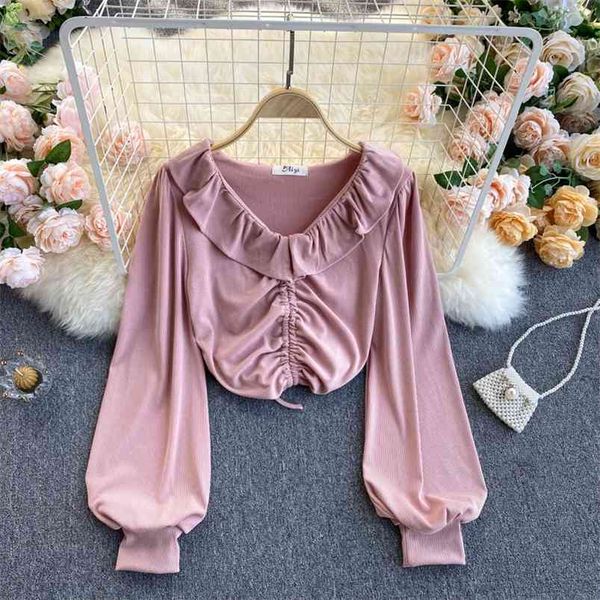 

spring folded drawstring women's v-neck wooden ear puff sleeve short waistless all-match age reduction t-shirt c345 210507, White