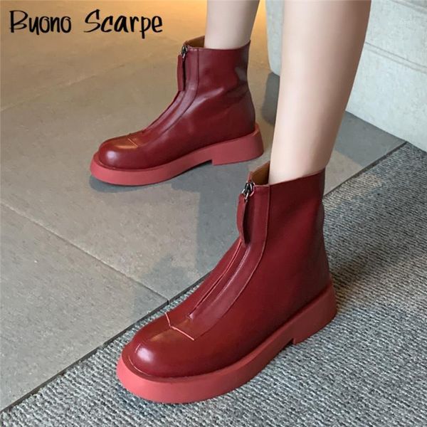 

boots real leather women ankle front zipper platform casual botas mujer chunky bottom brand designer ladies shoes winter booties1, Black