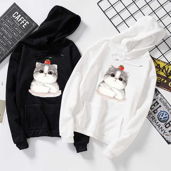 

2019 new sweet cute cat print hoodie women men hoodies sweatshirt pullovers kpop clothes oversized harajuku kawaii female y0820, Black