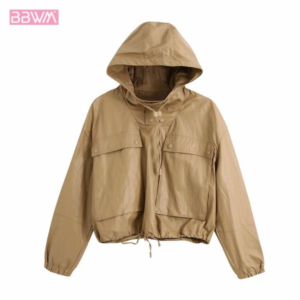 

women's hooded short jacket coat vintage long sleeve faux leather waist drawstring female chic solid color 210507, Black;brown