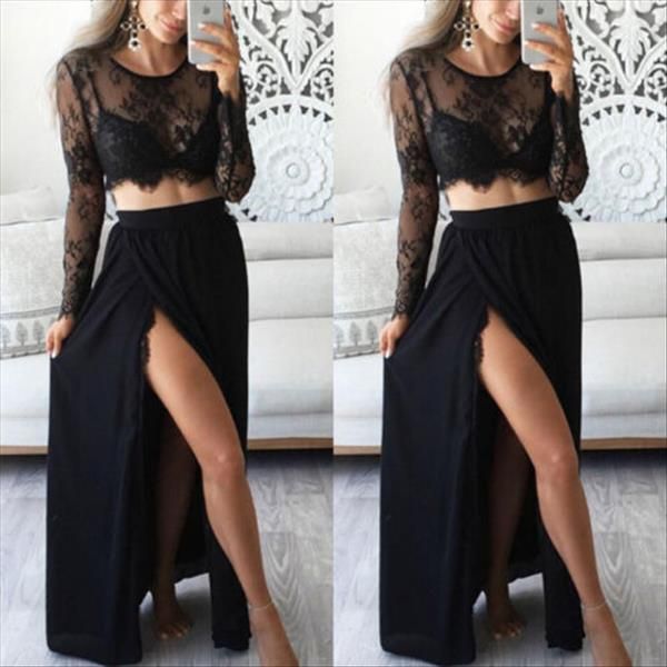 

2 pieces black lace womens tracksuits long sleeves slit prom dress, Gray