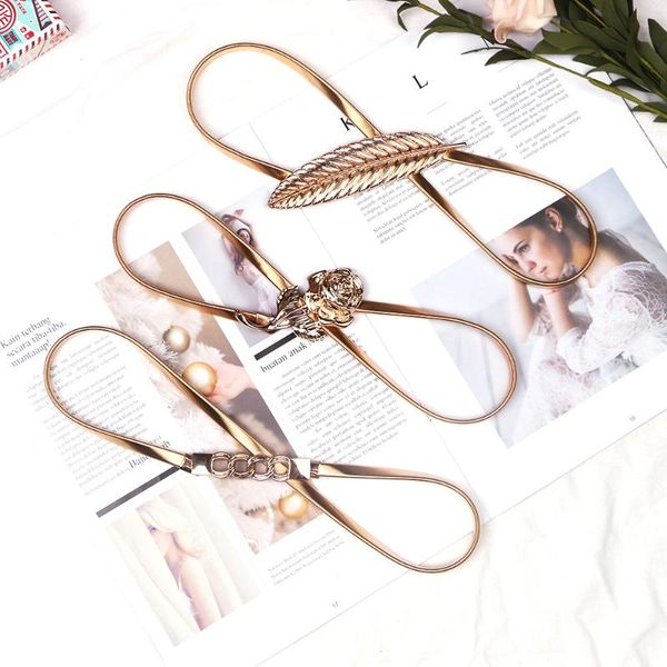 

skinny fashion elastic waist leaves flower hook gold buckel spring belts for ladies women dicorative stretch with dress, Black;brown