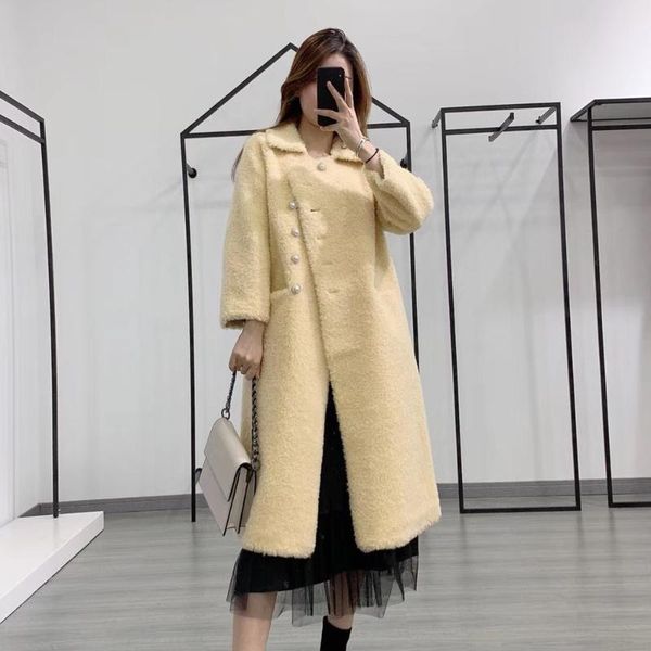 

women's fur & faux real wool coat women winter 2021 fashion sheep shearing long style jacket, Black