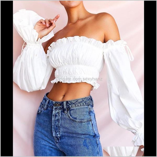 

blouses shirts womens clothing apparel drop delivery off shoulder blouse women chiffon long sleeves ruffles high waist solid white beach