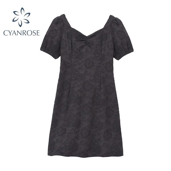 

summer french square collar dress female slim waist hepburn style black es backless bow retro a line 210515, Black;gray