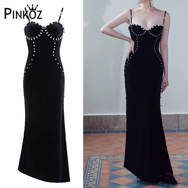 Promi-Stil, schlank, figurbetont, Maxi-Kleider für Frauen, schwarz, mit Perlen besetzt, Spaghetti-Träger, sexy Sommer, gewachsen, Partykleid, Robe 210421