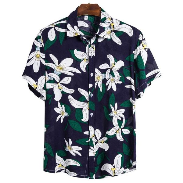 

men's casual shirts mens ethnic short sleeve floral printing hawaiian shirt blouse turn down collar leisure camisa masculina#2, White;black