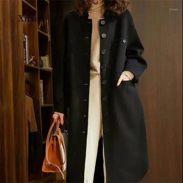 

women's wool & blends 2021 jacket plus size simple woolen coat clothing spring autumn mid-long temperament women trench, Black