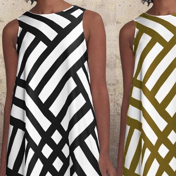 

h40 fashion striped geometric women dresses print o neck sleeveless pattern a line beach party, Black;gray