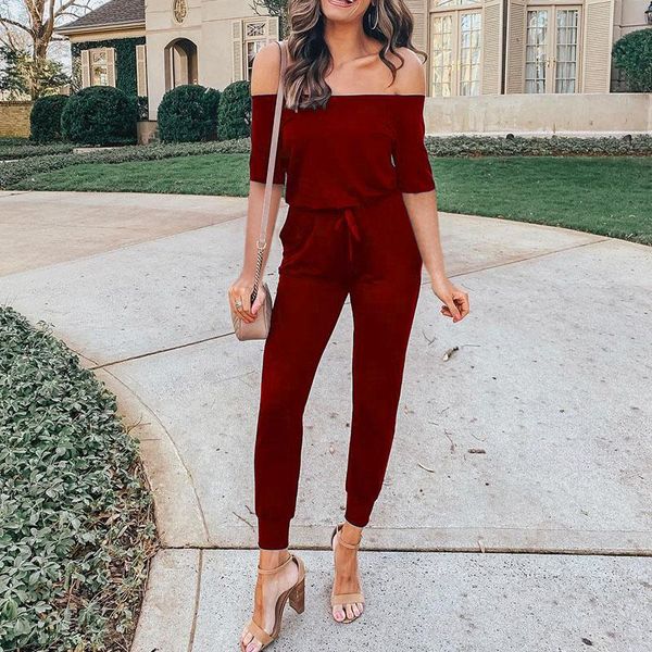 

women's jumpsuits & rompers summer bodycon jumpsuit women solid short sleeve bodysuit off shoulder black jump suits overalls clothes, Black;white