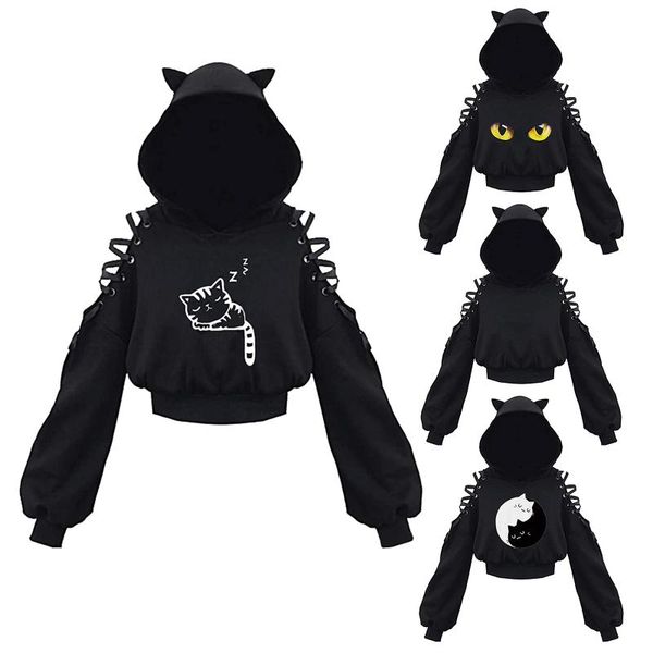 

women's t-shirt clothes solid color gothic hoddies sweatshirt hollow out long sleeve hodded casual pullover summer autumn y2k, White