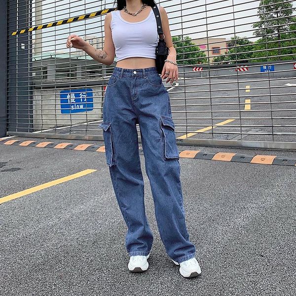 

women's jeans women blue high waist casual pants spring autumn fashion street denim long trousers retro big pocket loose straight