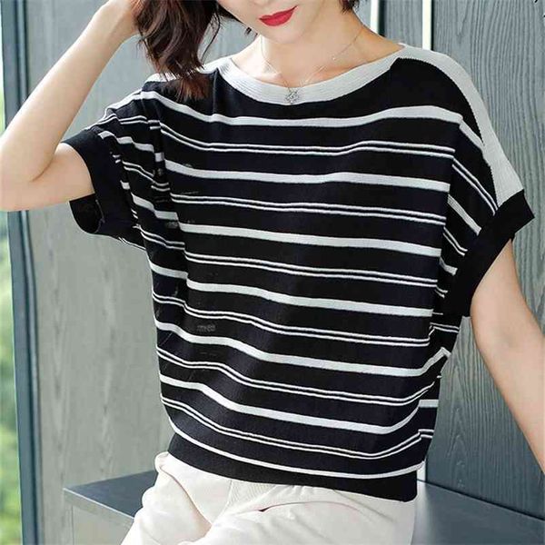 

loose batwing short sleeve stripe knitted t-shirt women casual summer thin knitwear korean style contrast color tee female 210522, White