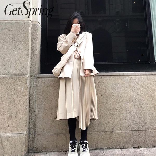 

two piece dress getspring women sets blazer set long sleeve irregular high waist pleated skirt autumn, White