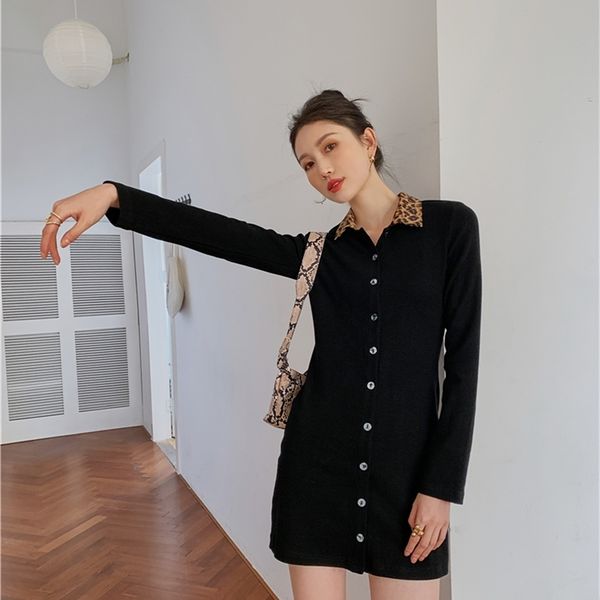 

casual dresses leopard print collar button up mini women long sleeve black knitted ladies shirt korean fashion clothing l1xc, Black;gray
