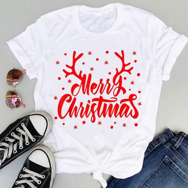 

women's t-shirt merry christmas letter 90s cute cartoon holiday women fashion t-shirts clothes happy year graphic female tshirt tee, White