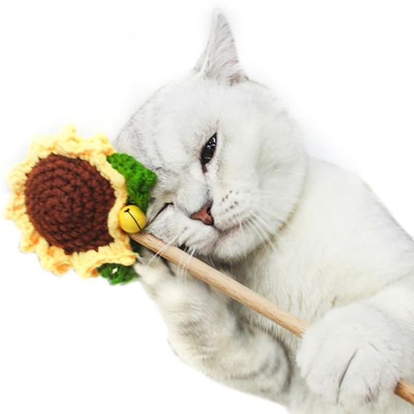 

cat toys pet toy catnip tease stick natural wood sunflower interactive kitten wand with bell supplies accessory