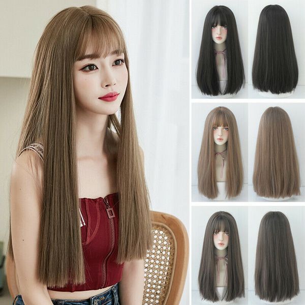 

23" long straight hair air bangs full wigs womens party cosplay fashion wig, Black