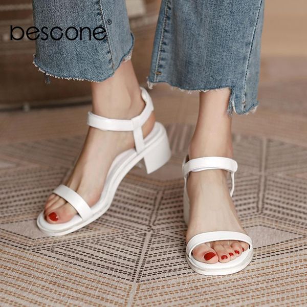 

sandals bescone casual women's genuine leather square heel one word with hook & loop concise office commute shoes eo79, Black