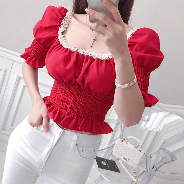 

women blouse puff sleeve s slim fit casual lace spliced shirts short elasticity crop stylish 210529, White