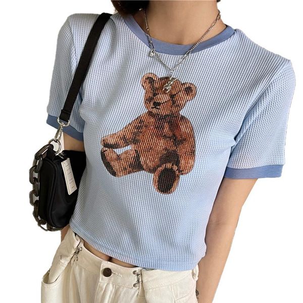 

women's t-shirt fashion high street women y2k vintage blue bear short crop streetwear sweet girl short-sleeved t-shirts female, White