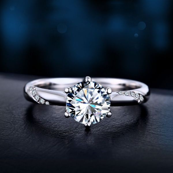 

sterling silver gold-plated imitation straight diamond women 1 carat micro inlaid six claw mossan stone wedding ring for lovers, Slivery;golden
