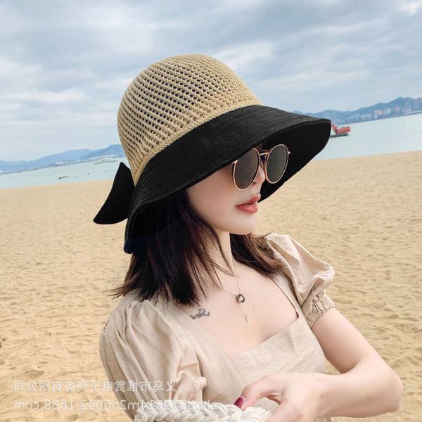 

sun hat women's folding summer sun grass big brim korean bow fisherman's hat, Blue;gray