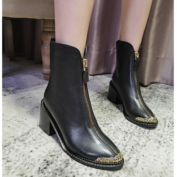 

boots imitation metal decoration real cowhide and sheepskin thick high heel ladies fashionable designer, Black