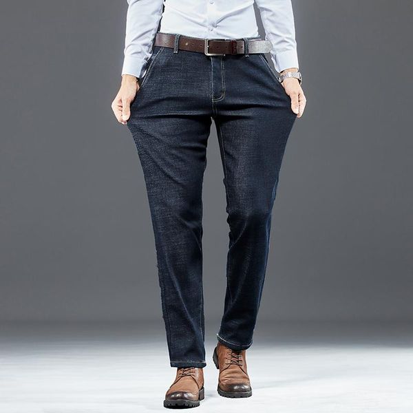 

men's jeans winter fleece men business straight thick warm denim pants stretch black blue trousers male clothes