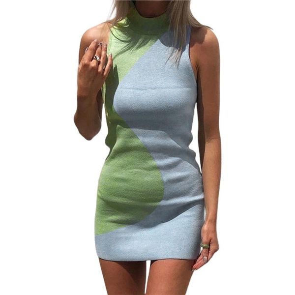 

casual dresses y2k bodycon dress sleeveless tie dye patchwork knitted mini contrast color round neck tight tank, Black;gray
