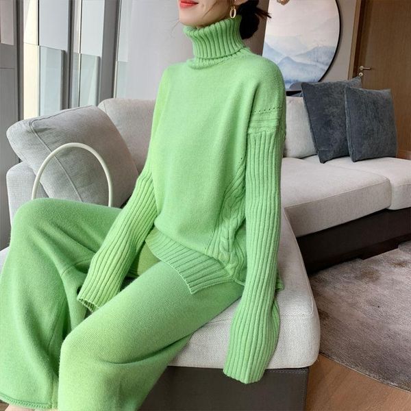 

women's tracksuits high collar knitted wide leg pants two piece set 2021 spring sweet women knitwear, Gray