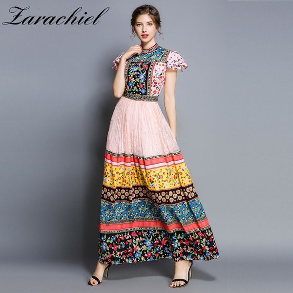 

dresses summer women lace splicing long floral printed short sleeve o neck ladies boho big swing holiday maxi es, Black;gray