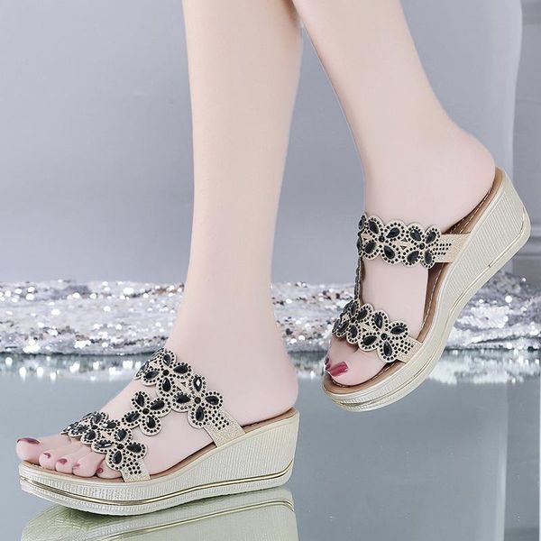 

slippers rimocy 2021 summer women wedge platform bling crystal beach female slides fashion open toe bohemia sandals woman, Black