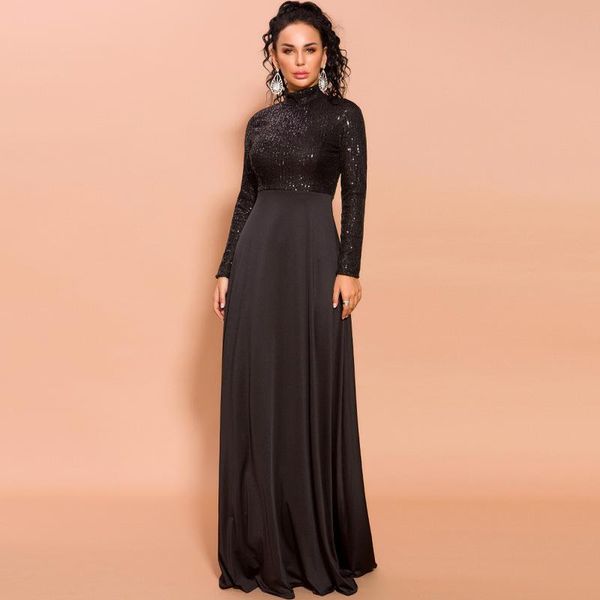 

casual dresses 2021 high collar long sleeve stitching black sequins women summer dress female, Black;gray