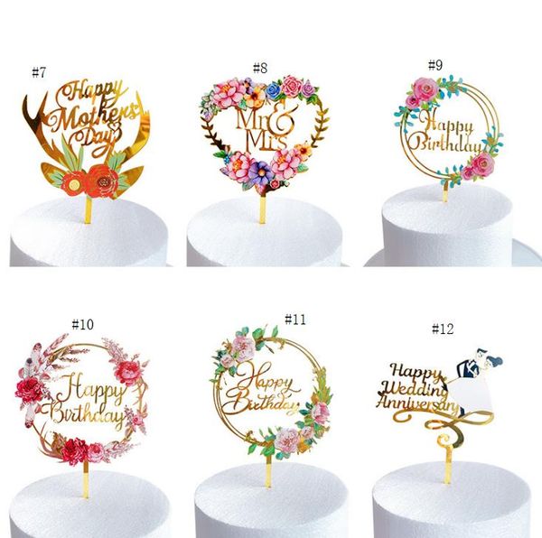 Partido Bolo Topper Luz Flor Feliz Aniversário Bolos Inseridos Cartão Acrílico Fonte Elegante Fonte Aniversários De Cozimento Decoração Suprimentos SN2331