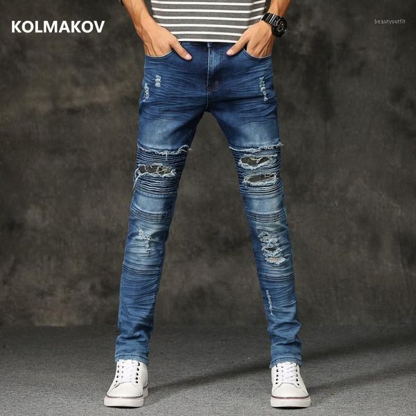 

arrival broken hole style mens denim jeans full length pants men's fashion straight elasticity men, Blue